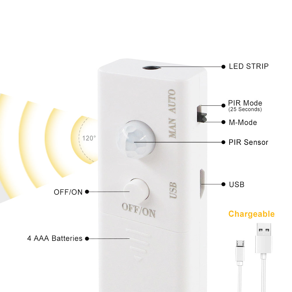 BT13+FS88 2W 智能 LED 橱柜灯带套件,带 5V AAA 电池供电/USB 可充电 PIR 运动传感器控制开关,适用于衣柜、衣橱、厨房