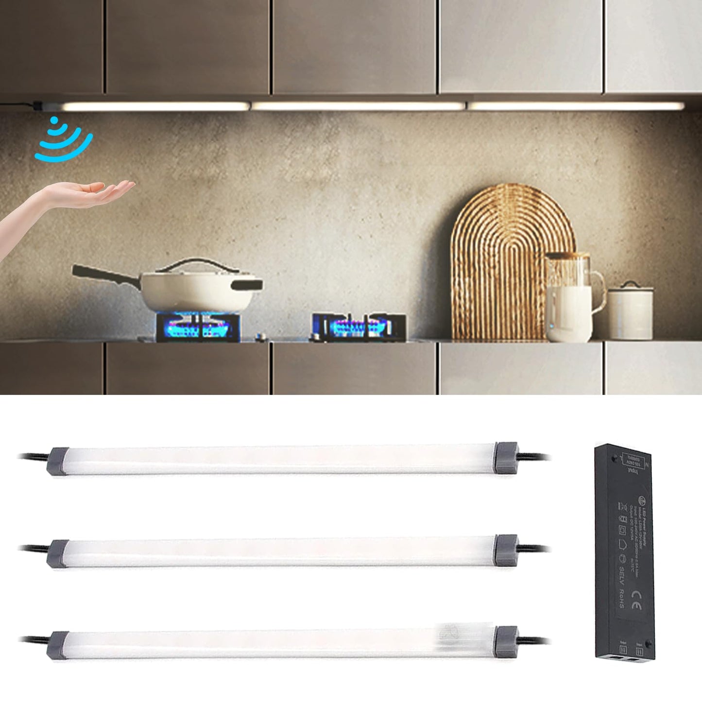 Lámpara con sensor de movimiento HS07 para interiores, ideal para debajo de gabinetes, armarios, armarios, estanterías, bancos de trabajo, etc., con atenuación continua y activación por movimiento manual (30 cm, 4000 K)