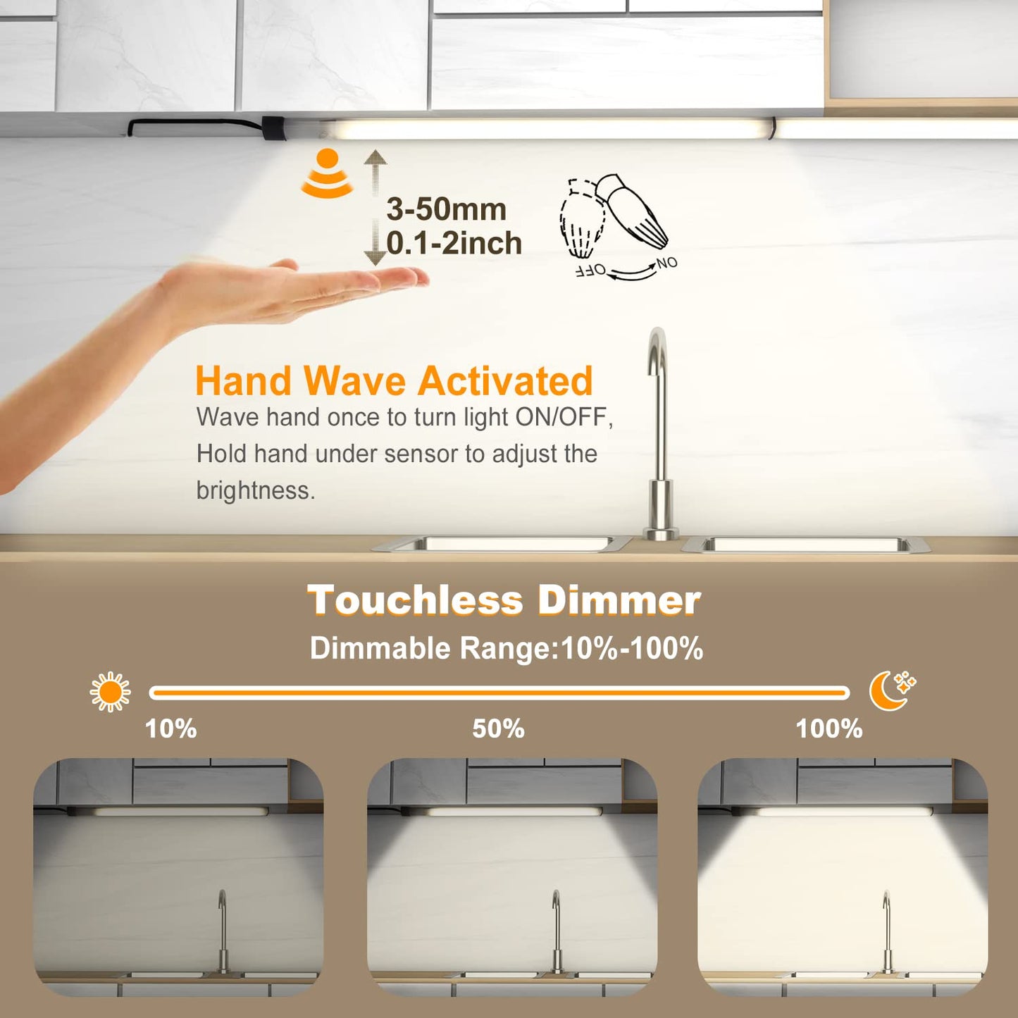 Lámpara con sensor de movimiento HS07 para interiores, ideal para debajo de gabinetes, armarios, armarios, estanterías, bancos de trabajo, etc., con atenuación continua y activación por movimiento manual (30 cm, 4000 K)