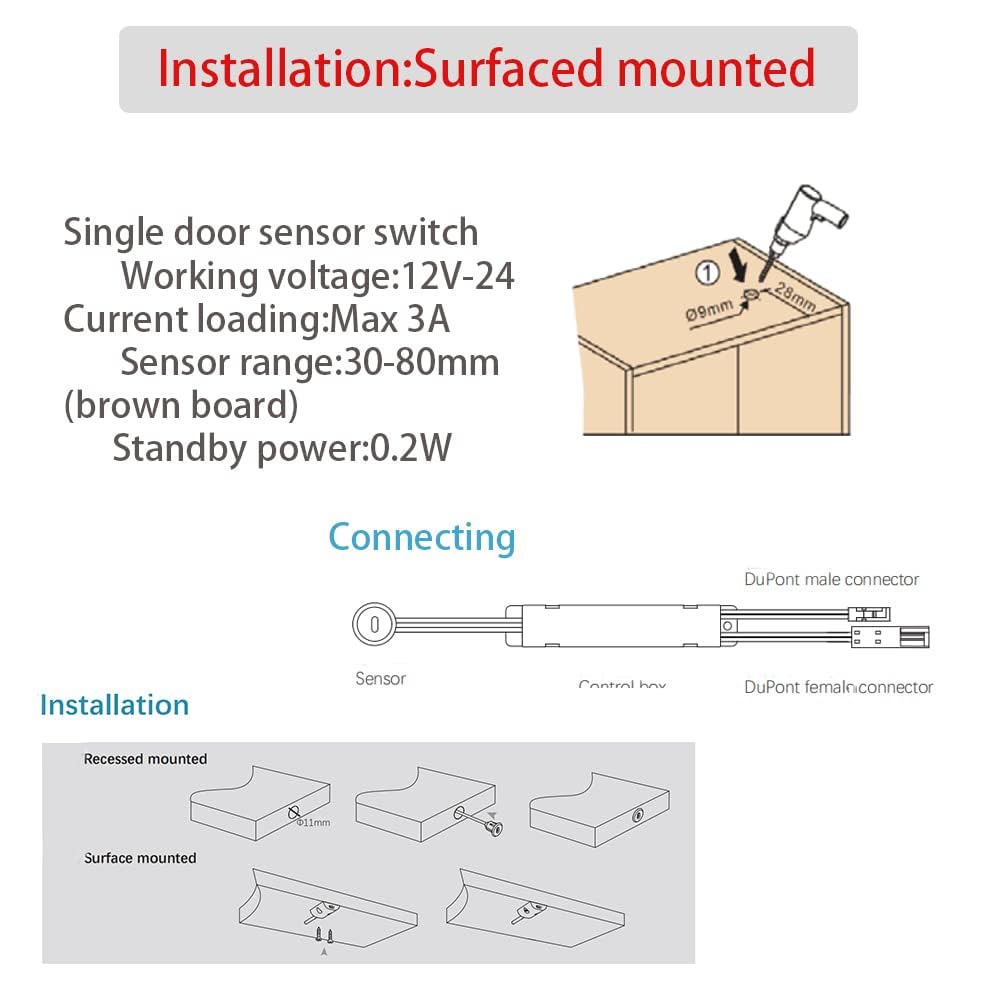 Interruptor de luz con sensor de movimiento ID02 de 12/24 V, montaje en superficie, interruptor de luz con sensor IR, interruptor de luz activado por puerta para luces de armario, luces LED e iluminación debajo de gabinetes.