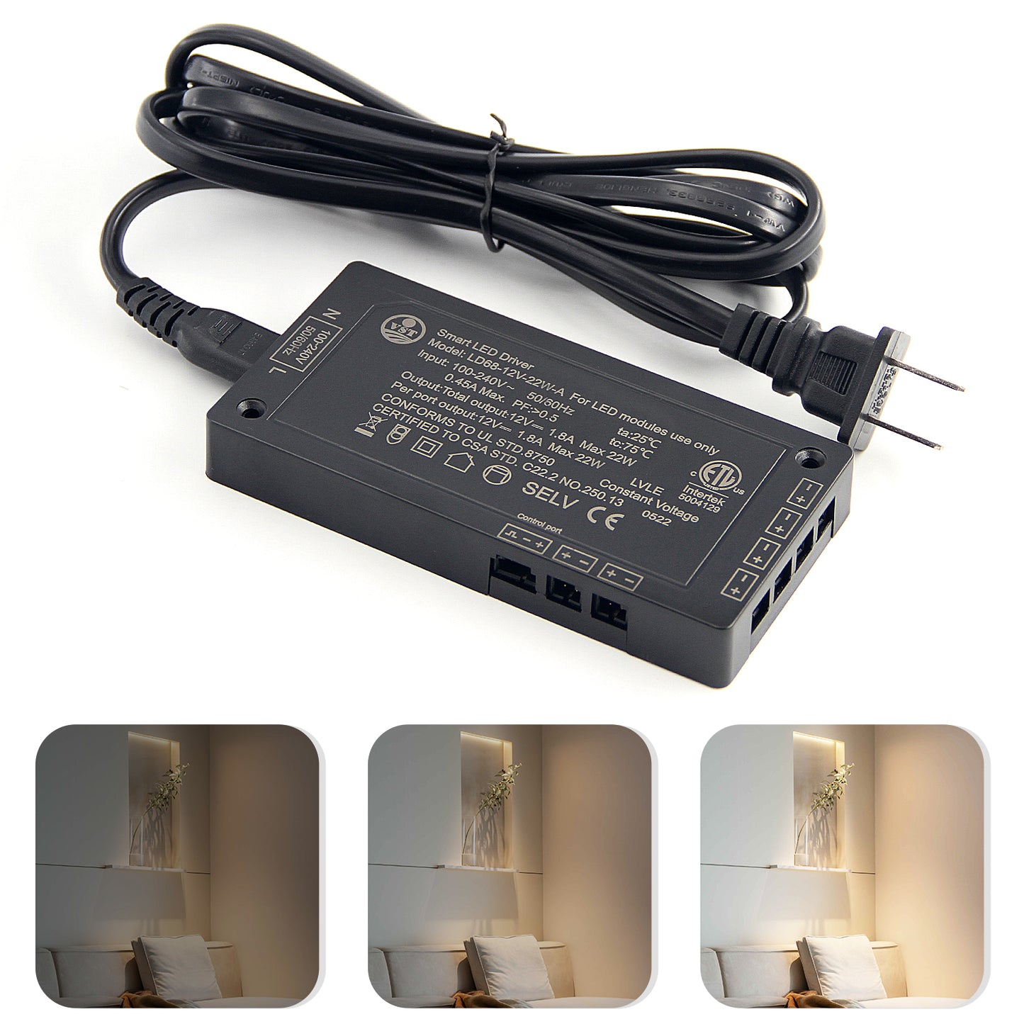 LD68 12V 3 针端口 LED 灯驱动器 22W 橱柜灯变压器 带 CE/ETL/CCC 适用于厨房灯 120*60*16mm