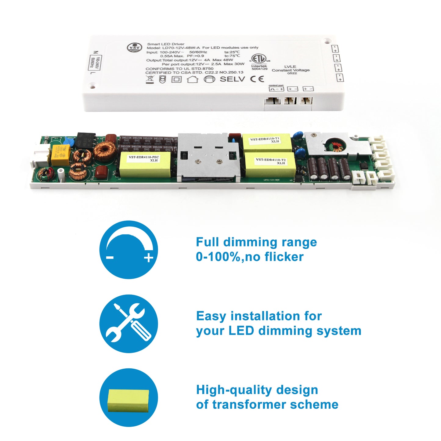 LD70-24V-B Cabinet Light Transformer Replacement 48W Ultra-Thin LED Power Supply with ETL for Cabient Lights170*60*16mm