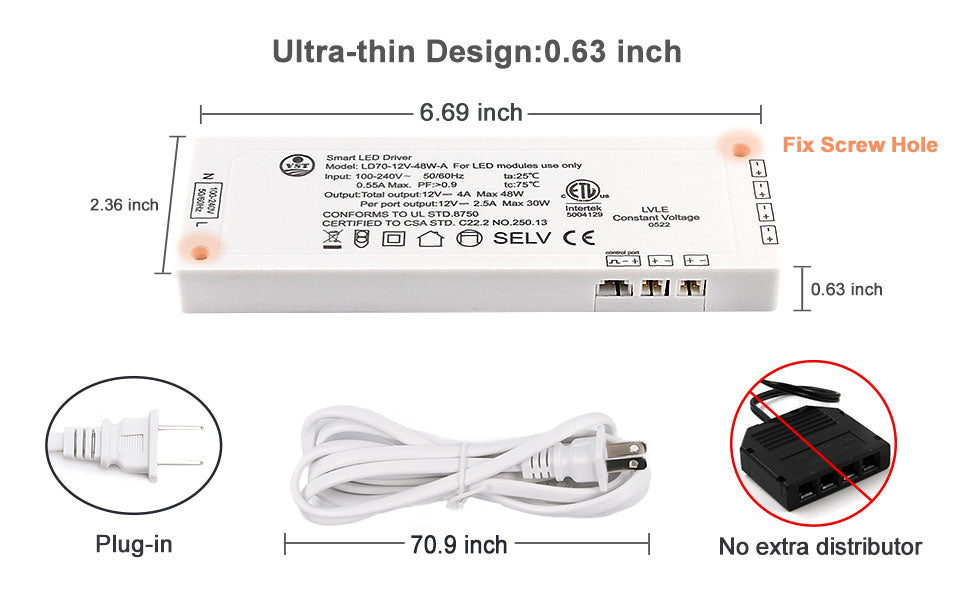 LD70-24V-B Cabinet Light Transformer Replacement 48W Ultra-Thin LED Power Supply with ETL for Cabient Lights170*60*16mm