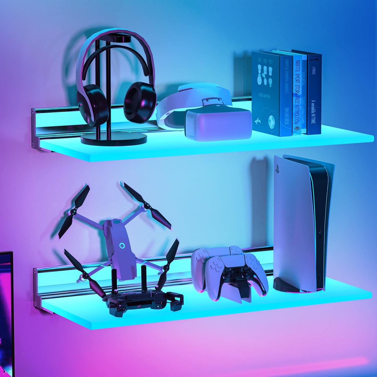 SL04 VST 浮动搁板带 RGB 灯,可与 Alexa Google Assistant App 遥控器配合使用,手势开/关,金属壁挂式发光搁板,适用于客厅浴室卧室,2 套