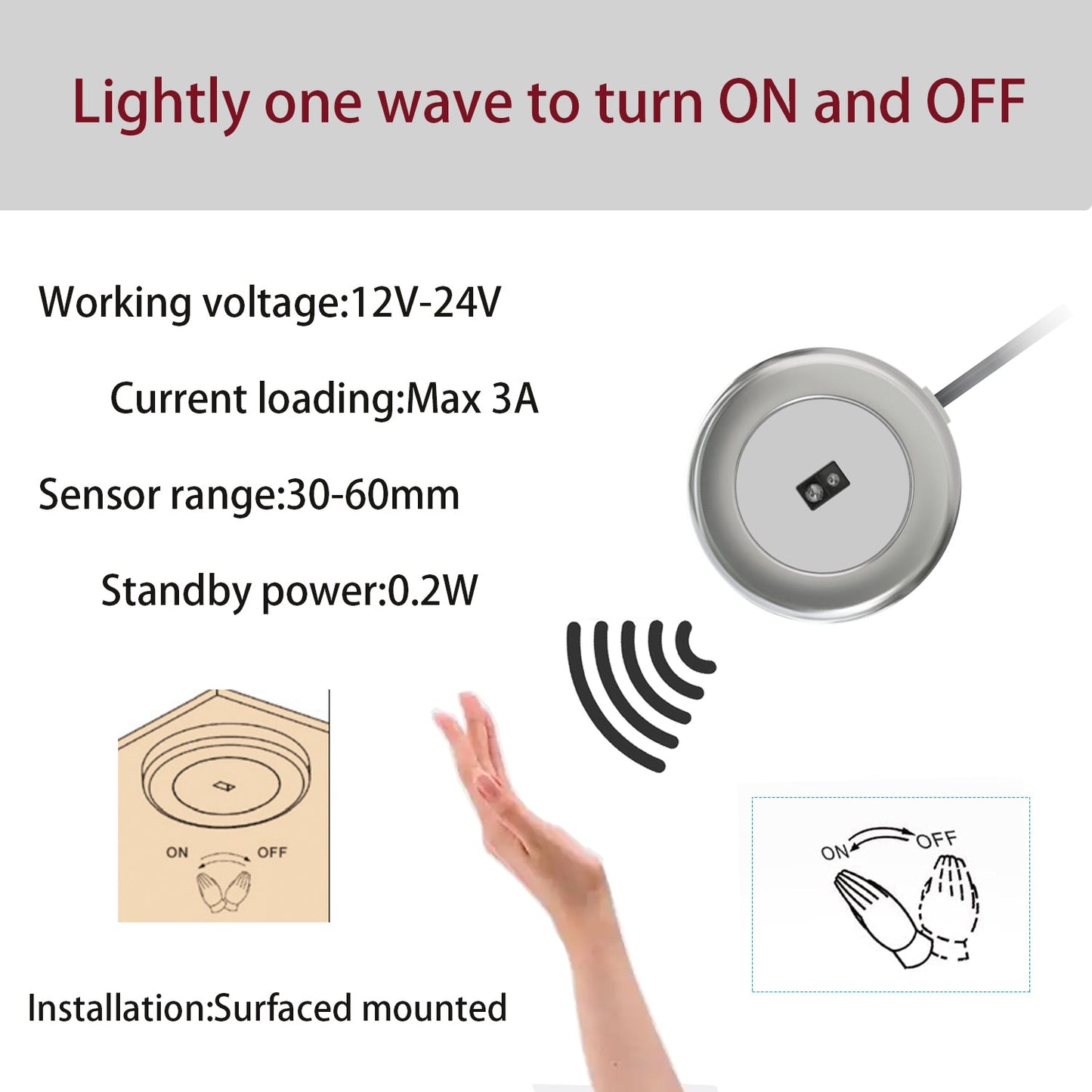 IH03 12V Hand Sweep Sensor Switch 30W Surface Mounted Under Cabinet Light Switch with IR Sensor for Bookshelf，Display Cabinet