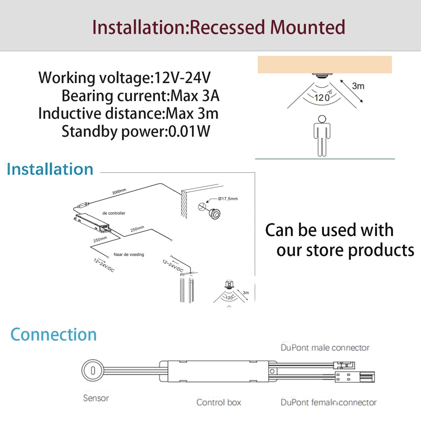 PR01 12V Smart Motion Sensor Light Switch Recessed Mounted Cabinet Door Switch with Easy Installation for Cabinet Light