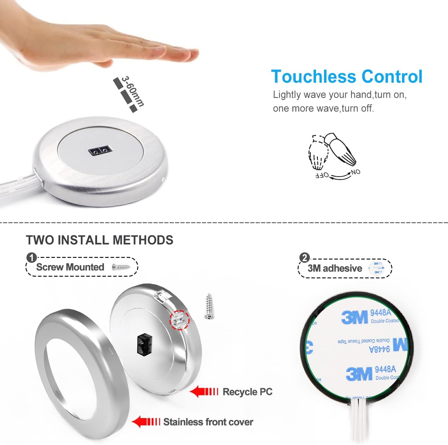 IH03 12V Hand Sweep Sensor Switch 30W Surface Mounted Under Cabinet Light Switch with IR Sensor for Bookshelf，Display Cabinet