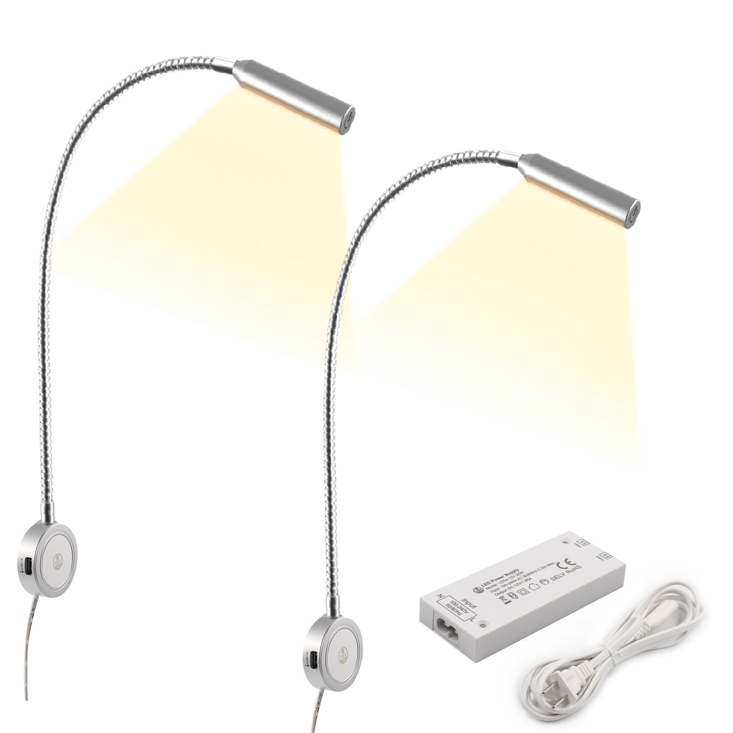 Adjustable Gooseneck Bedside Book Lights with USB Charging Port | VST