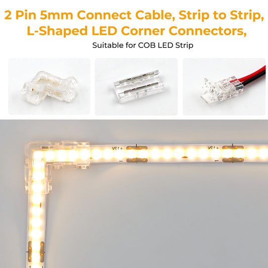 2Pin 5mm 12V&24V Solderless COB LED Strip Connectors Kit( COB mini crystal buckle) With Fast Connectable, Gapless/Splice Connector & L-shaped/Corner Connector