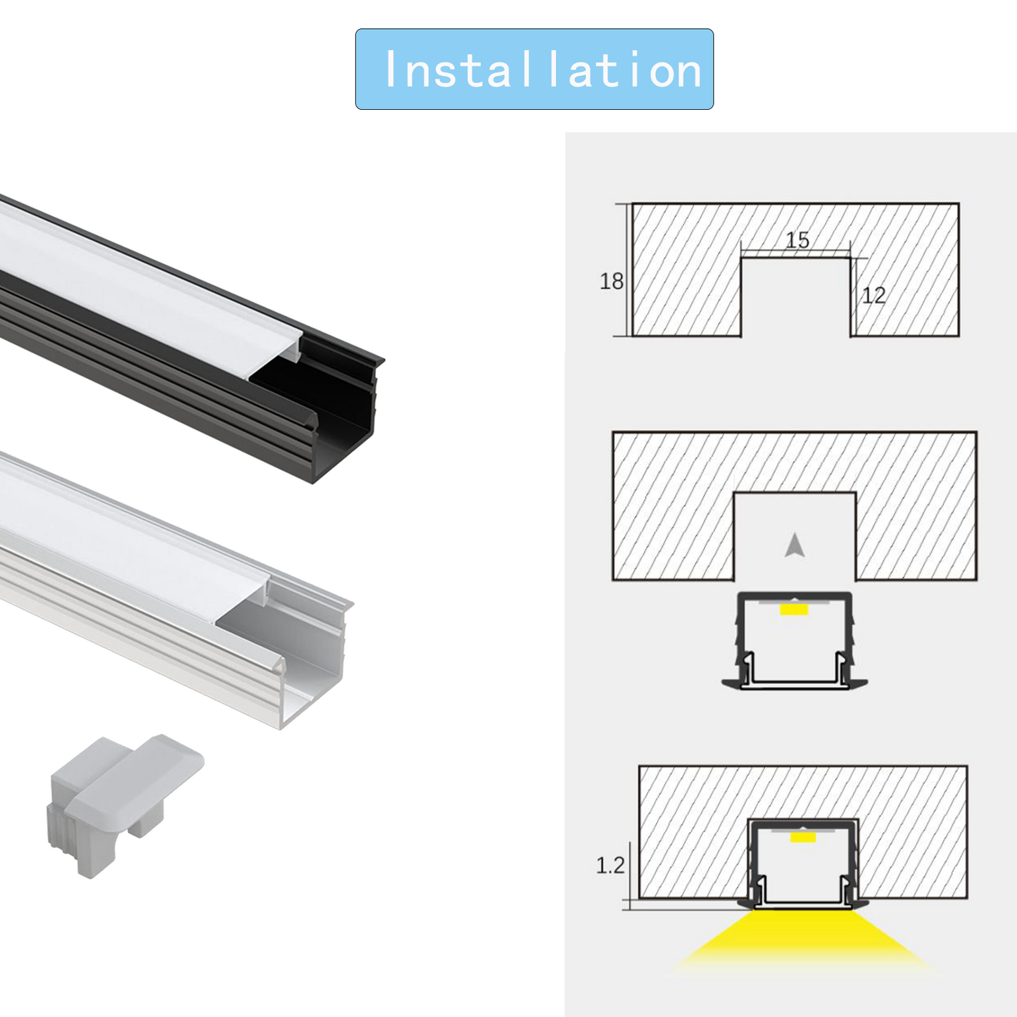 AP45 LED-Aluminiumkanäle AL6063 Einbaukanal für LED-Bandleuchte mit Abdeckung und Endkappe für die Installation von Lichtbändern, 18 x 12 mm