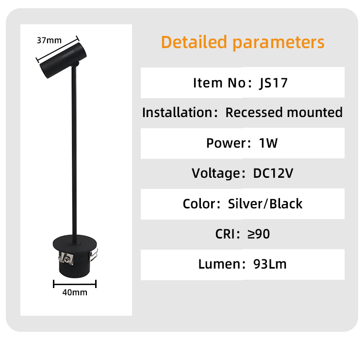 JS17 12V Cabinet Spotlight for Jewelry Showcase 1W Rotatable LED Focus Light for Indoor Display Cabinet