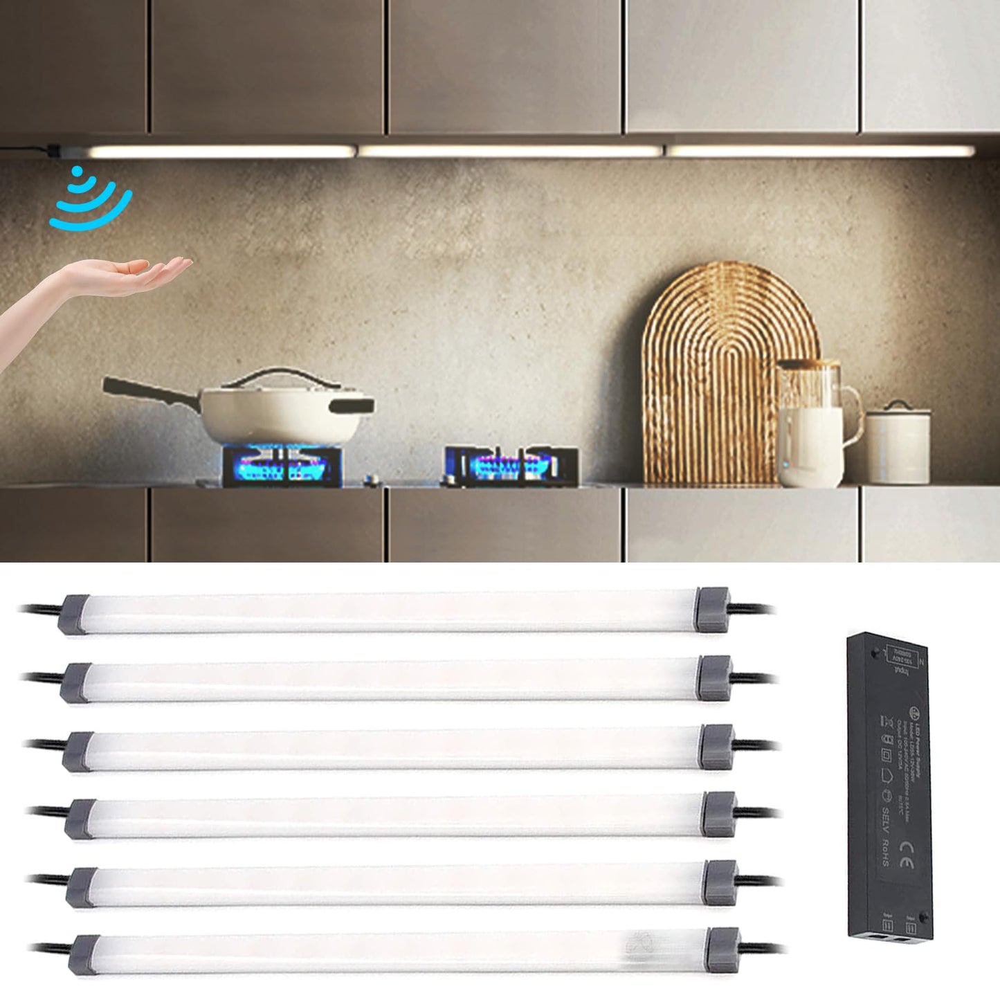 HS07 Motion Sensor Light Indoor, Under Cabinet Lights Plug in, Closet Lights, Stepless Dimming, Hand Wave Activated for Kitchen Shelf Cupboard Closet Workbench (12 in 4000K)