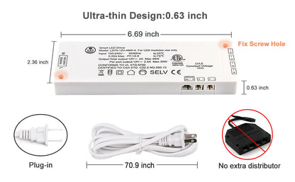 LD70-24V-B Cabinet Light Transformer Replacement 48W Ultra-Thin LED Power Supply with ETL for Cabient Lights170*60*16mm