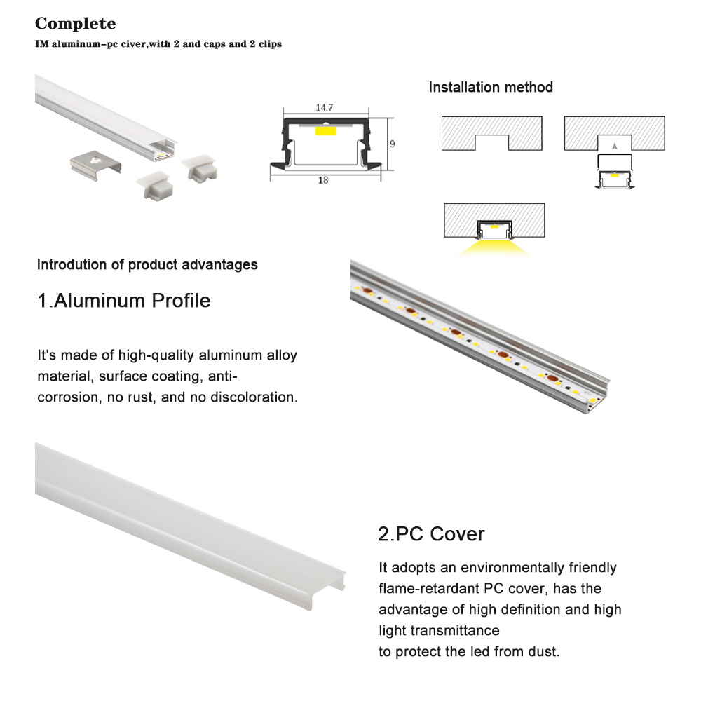 AP44 LED-Lichtleistenprofil AL6063 Aluminium-LED-Lichtkanal mit Wärmeableitung für Bücherregal, Kleiderschrank 18 * 12 mm