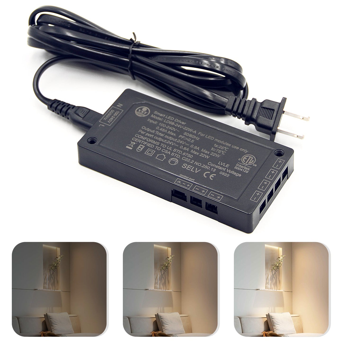 LD68 12V Controlador de luz LED negra Fuente de alimentación de tira de LED de 24W con CE/ETL/CCC para casa, hotel, tienda 120*60*16mm 