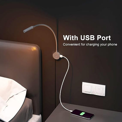VST Adjustable Gooseneck Wall Mounted Reading Lights with USB Charging Port 1.6W Touch Dimmable for Bedside,3 CCT,3000K,4000K,6000K Black 2 Pack with one Driver, ETL Listed